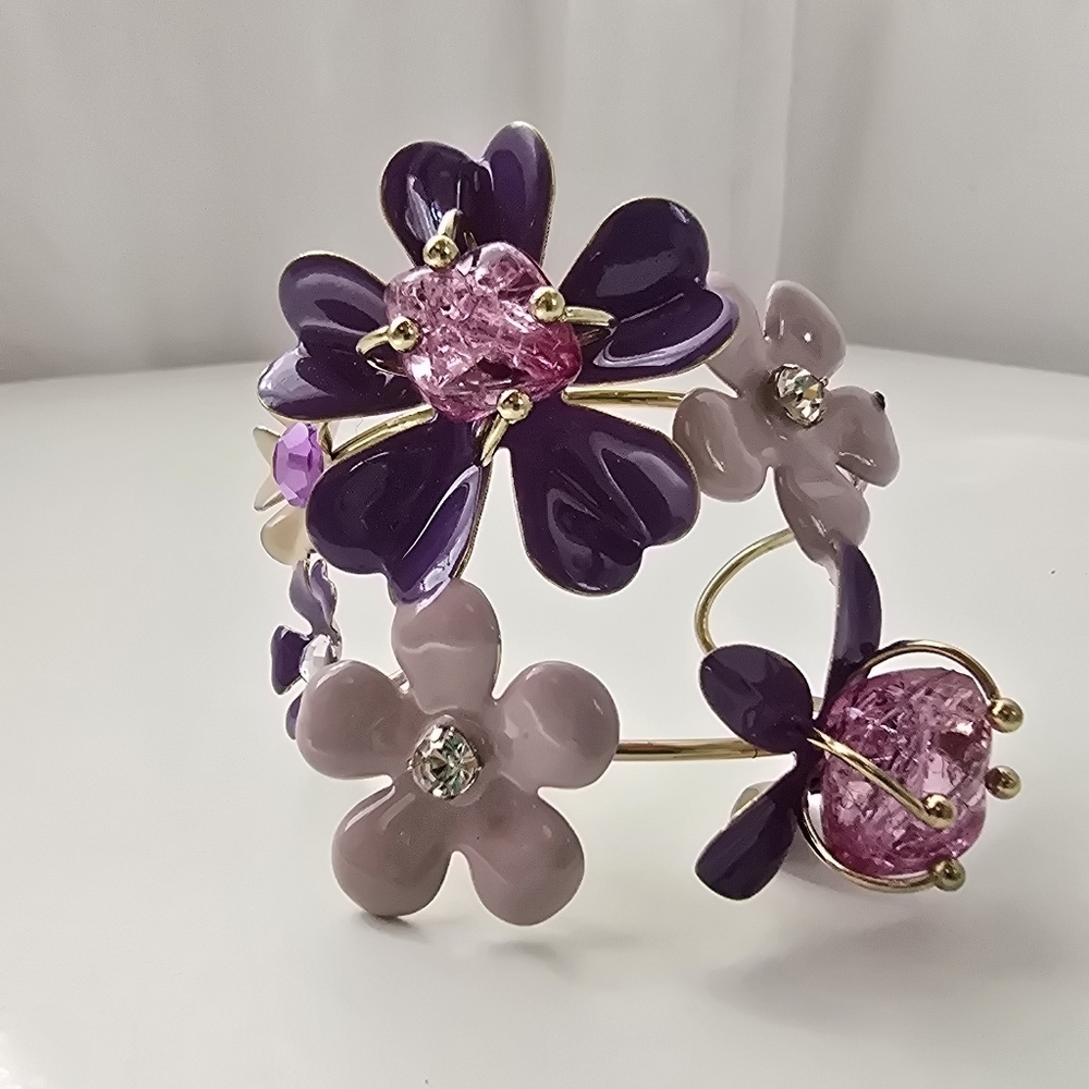 Vintage Enamel Purple Pink Golden Flower Cuff Bracelet